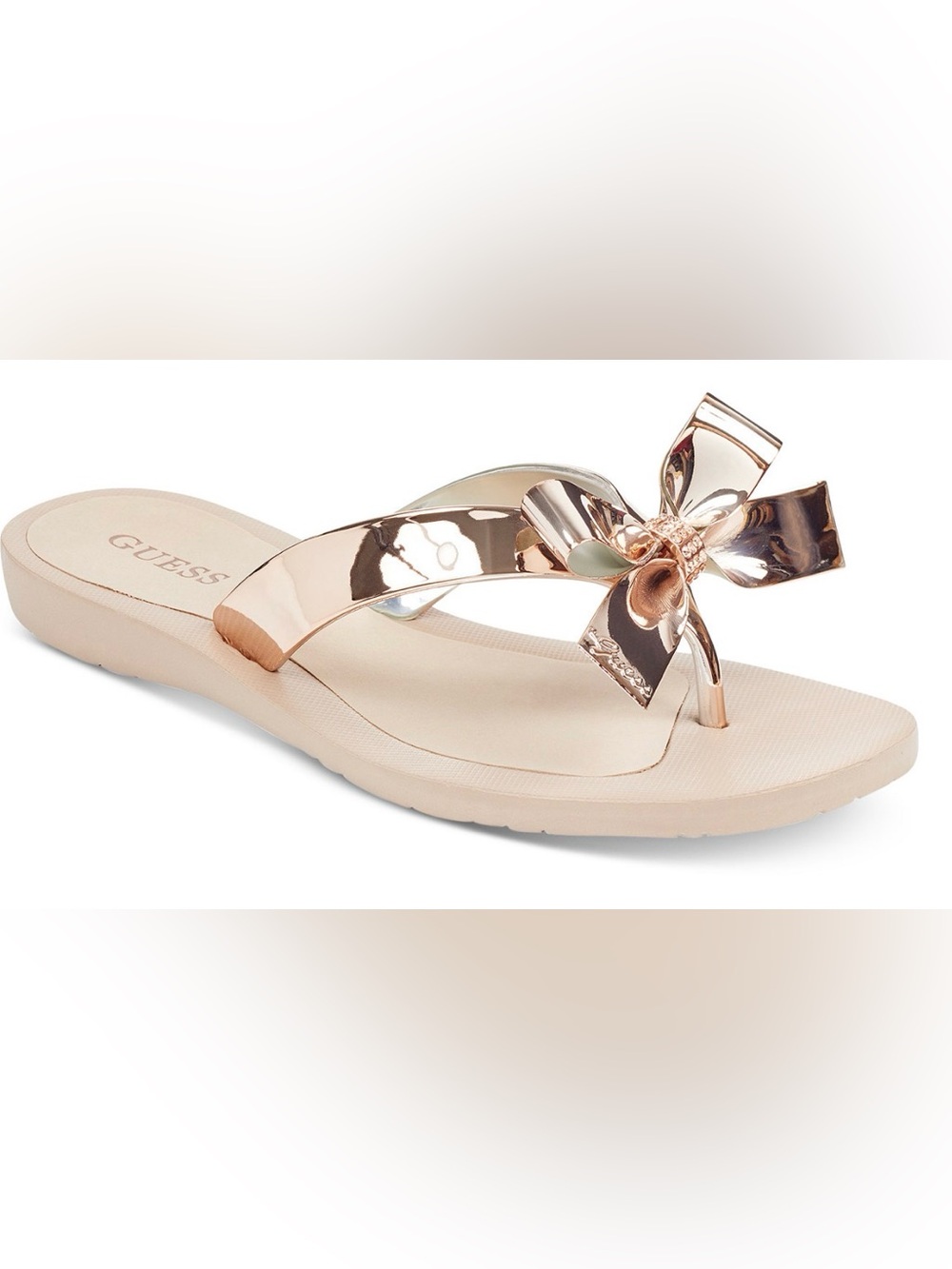 GUESS Metallic Rose Gold Bow Thong Sandals